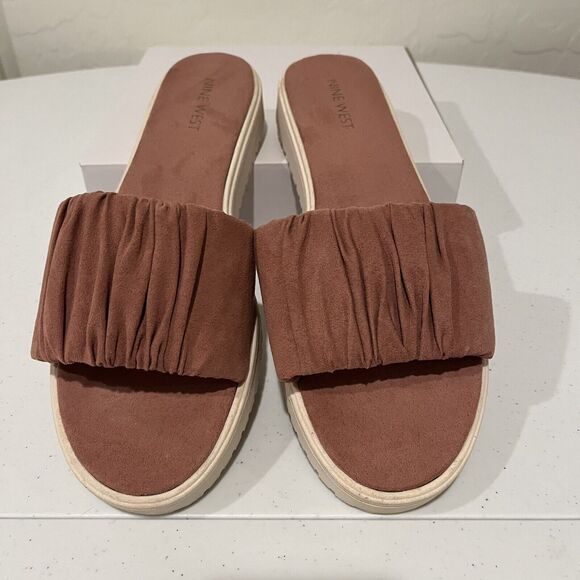 Nine West Dusty Pink/Rose Suede Flat Slides Sandals 9M Ruched - Picture 2 of 8